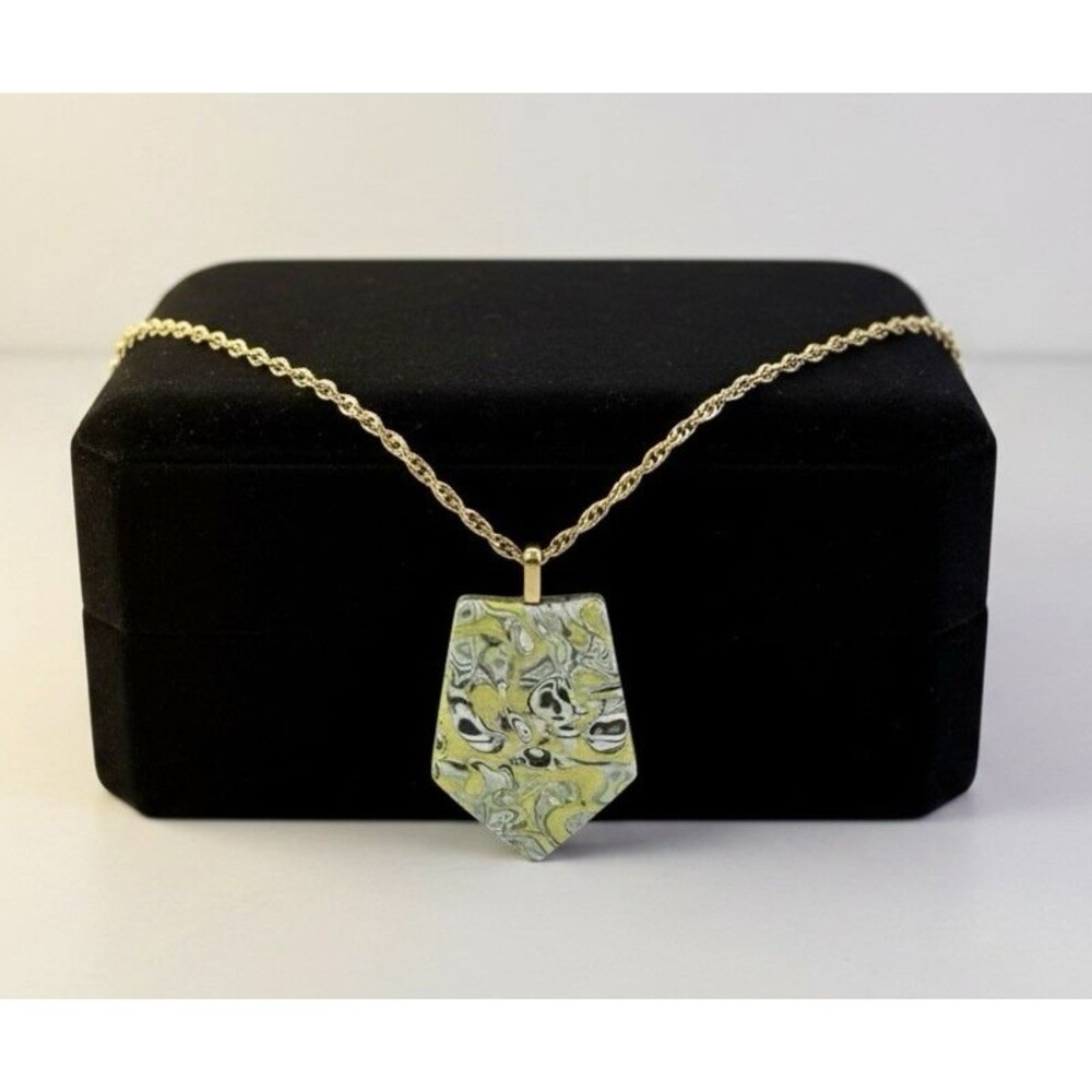 Green Black Gold Chunky Handmade Polymer Clay Large Necklace SS Gold Chain